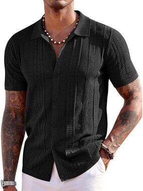 Men's Black Knit Short Sleeve Button Down Polo Casual Summer Beach Shirt